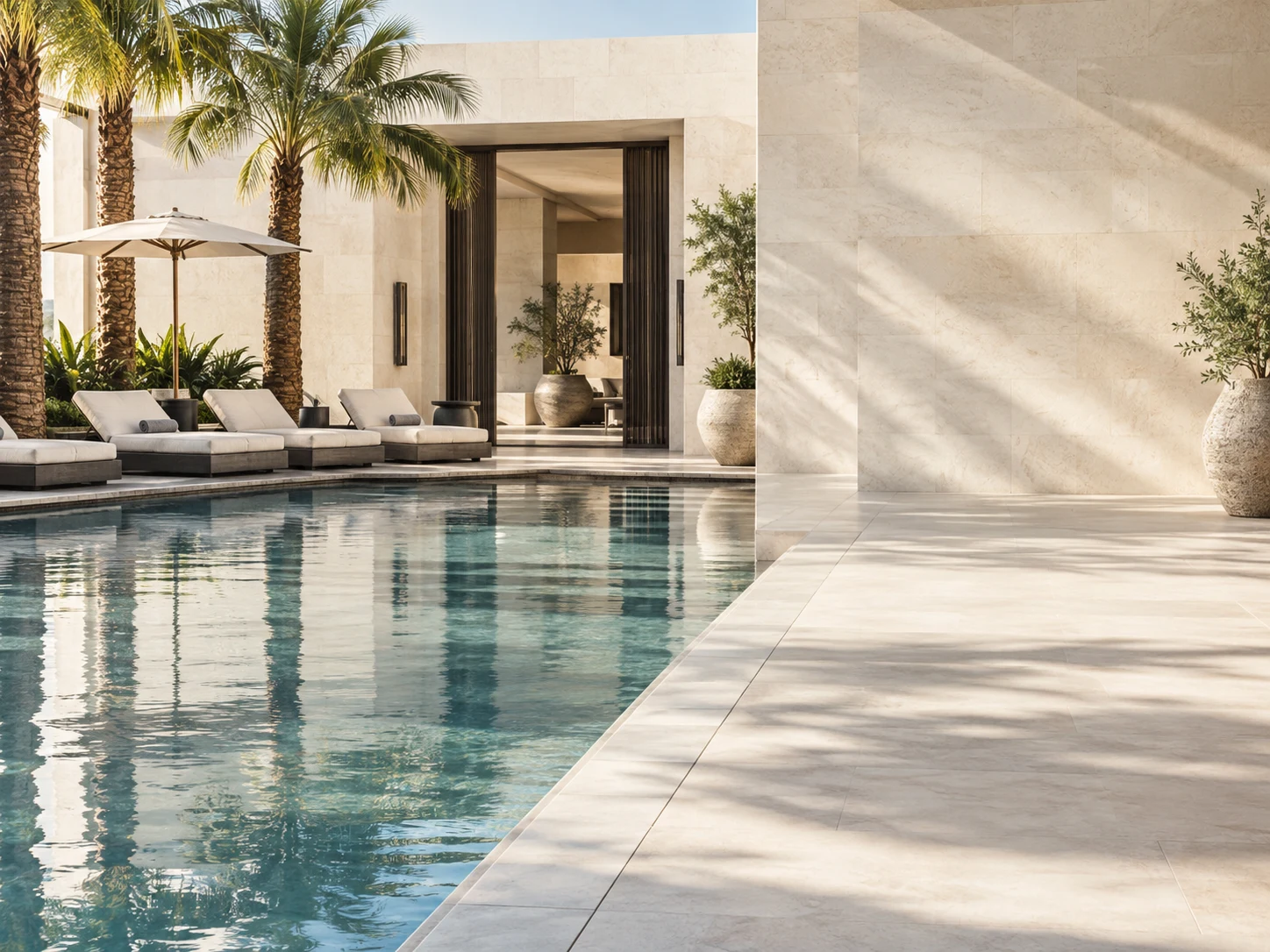 Patio de hotel contemporáneo junto a una piscina; imagen conceptual