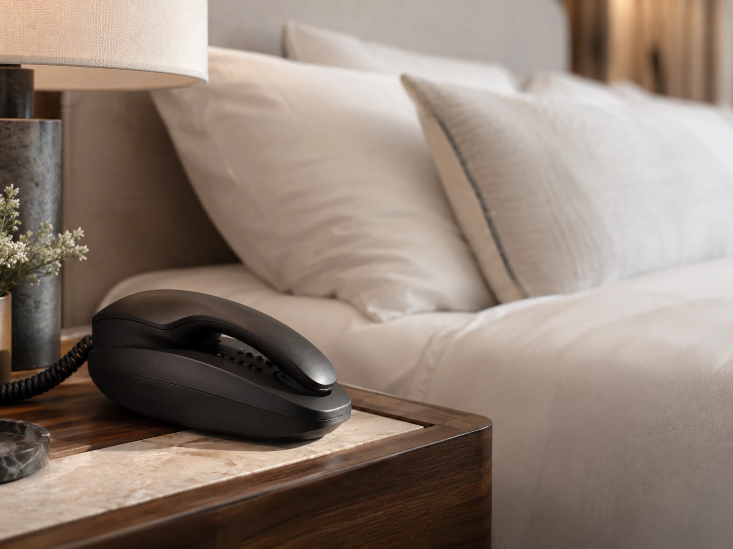 Teléfono de diseño en una habitación de hotel; imagen conceptual