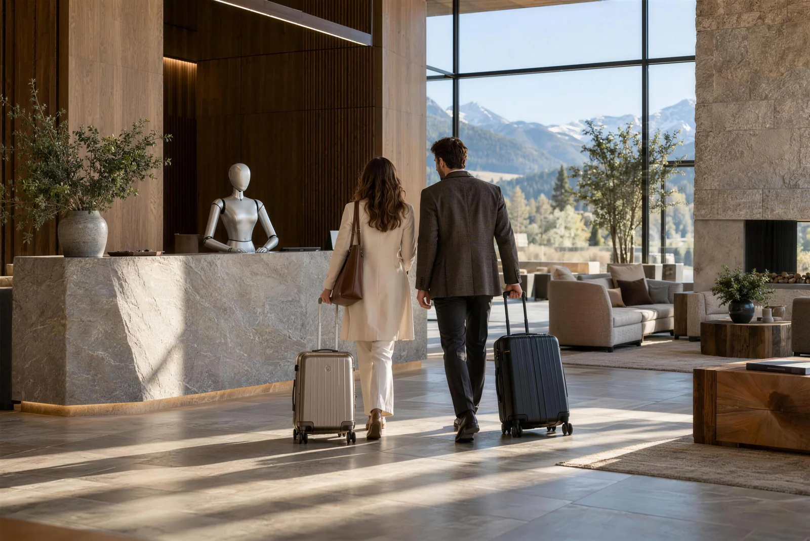 Vista 14: Lodge alpino, con una pareja llegando a una concierge androide de rostro liso.