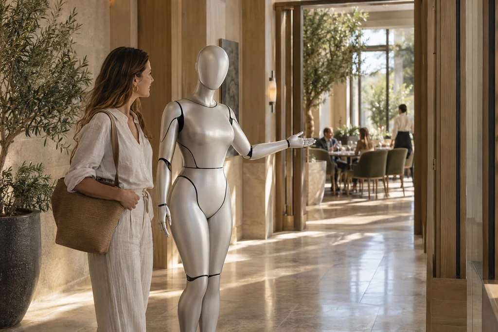 La androide de Staywise indica a una huésped cómo llegar al restaurante del hotel.