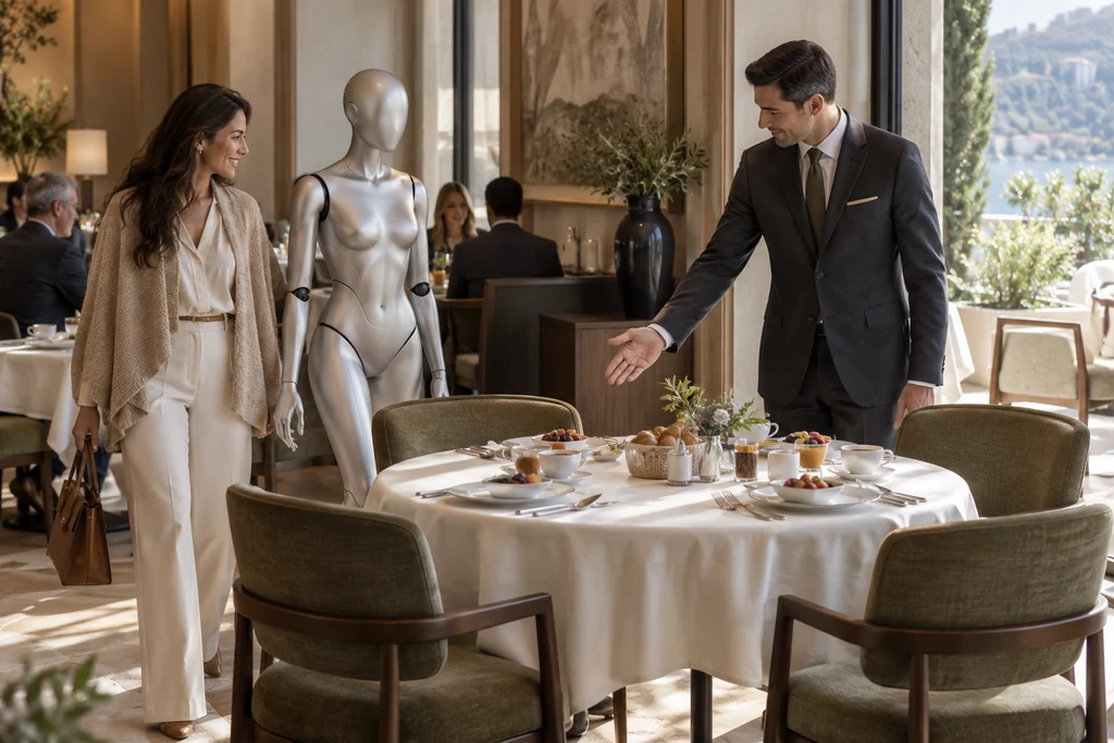 Un anfitrión recibe a una huésped en una mesa preparada para el desayuno.