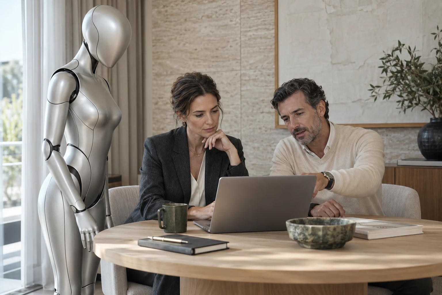 Un equipo de implementación y la directora del hotel revisan la configuración junto a la androide de Staywise.