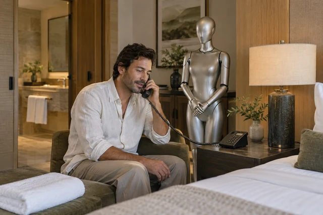 Un huésped solicita atención por el teléfono de su habitación, con la androide de Staywise como representación del asistente.